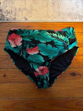 High-Waist Floral Bikini Bottoms - Black with Green & Pink Floral
